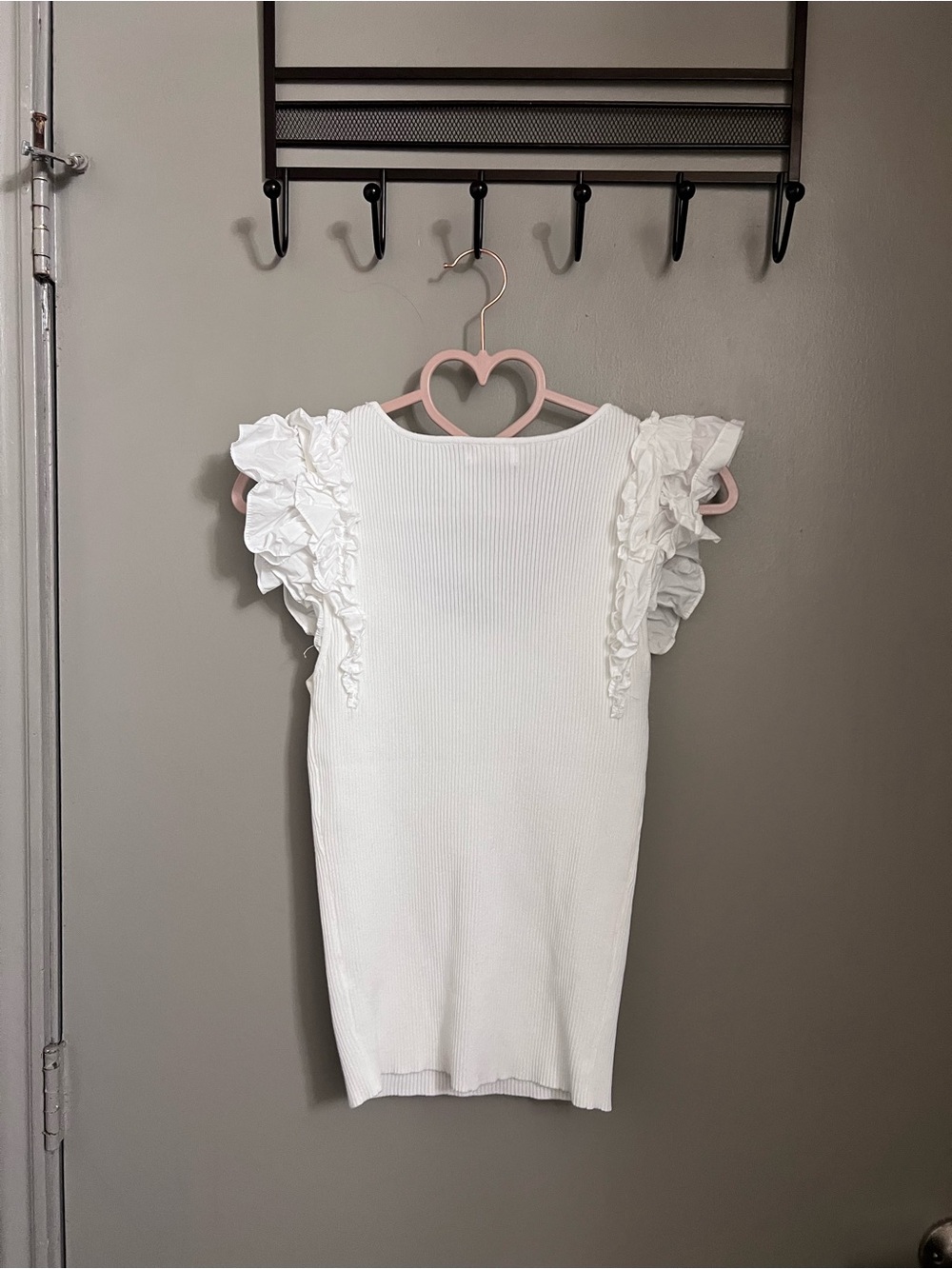 Ruffled Sleeve White Ribbed Tank Top